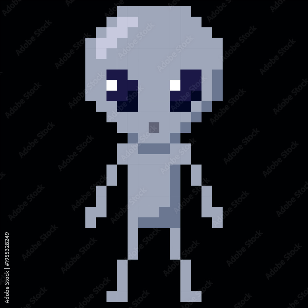 Obraz premium A gray pixelated alien with a large head, black eyes, arms, and legs, 8-bit.