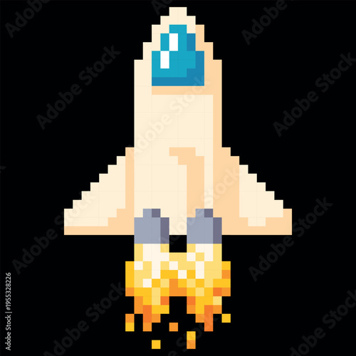 Pixel icon of a space rocket with burning turbines, 8-bit.