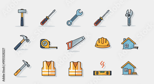 Set of 15 Flat Design Construction and Home Improvement Tools Icons Vector