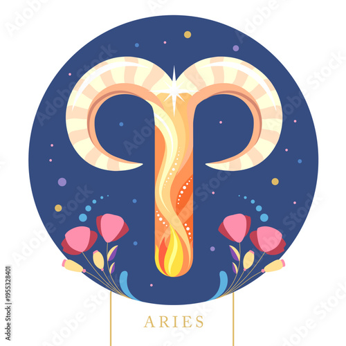 Modern magic witchcraft card with astrology cartoon Aries zodiac sign. Flat design. Vector illustration