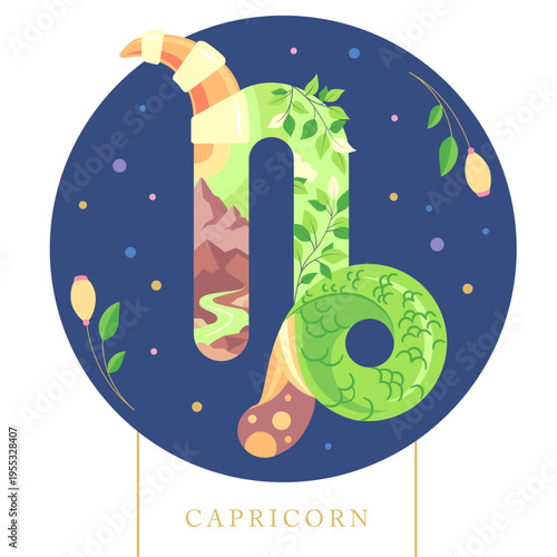 Modern magic witchcraft card with astrology cartoon Capricorn zodiac sign. Flat design. Vector illustration