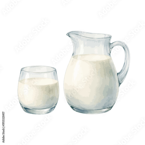 A beautiful watercolor illustration of a glass milk pitcher and drinking glass, featuring fresh dairy served in transparent containers isolated on a transparent background.