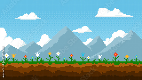 Pixel landscape with mountains, deep sky, clouds, soil, and flowers.