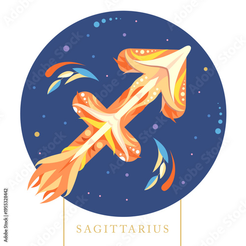 Modern magic witchcraft card with astrology cartoon Sagittarius zodiac sign. Flat design. Vector illustration