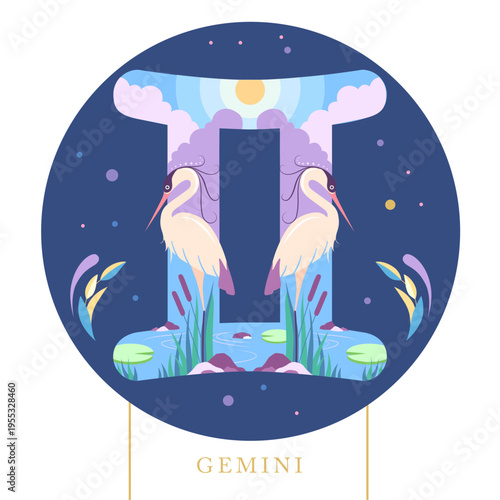 Modern magic witchcraft card with astrology cartoon Gemini zodiac sign. Flat design. Vector illustration