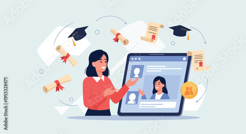 Online education concept with female student, digital learning platform on tablet, graduation caps and diploma scrolls, e-learning vector illustration