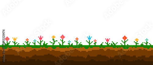 Pixel art game background with ground, grass and different flowers lawn, vector 8 bit video game blooming field nature