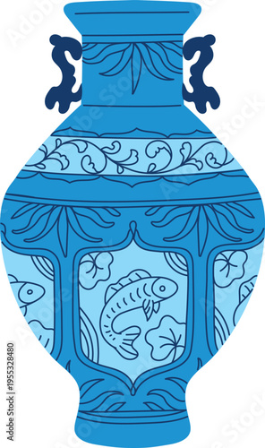 Traditional Asian vase, vector vintage oriental pottery with blue floral ornament and fish, porcelain tableware, amphora