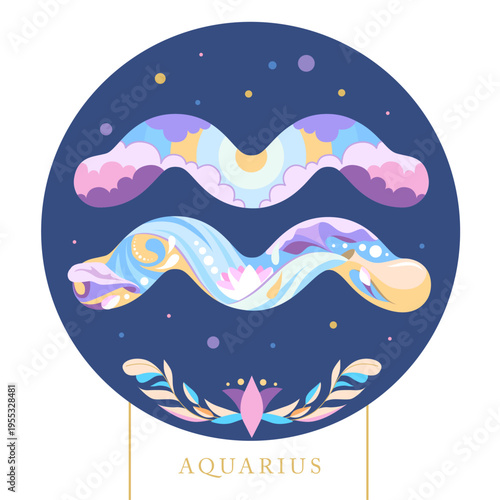 Modern magic witchcraft card with astrology cartoon Aquarius zodiac sign. Flat design. Vector illustration