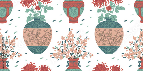 Elegant traditional Asian vase with flowers, vector seamless pattern porcelain vintage oriental pottery floral ornament