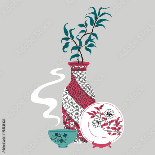 Traditional Asian vase with tree branch, plate and bowl, vector vintage porcelain oriental pottery with floral ornament