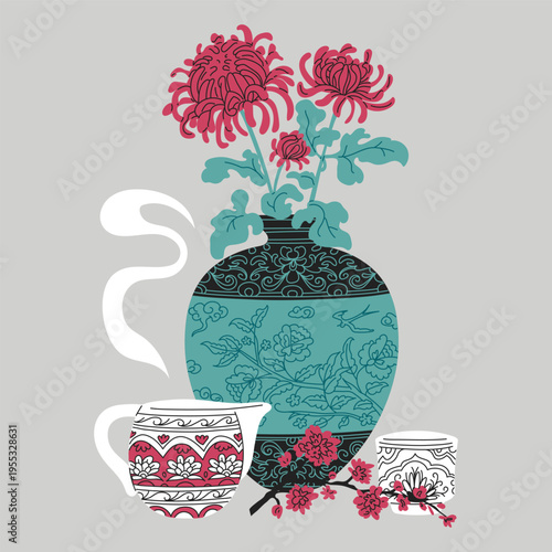 Traditional Asian vase with flowers, teapot and mug, vector vintage oriental pottery with floral ornament, Sakura branch