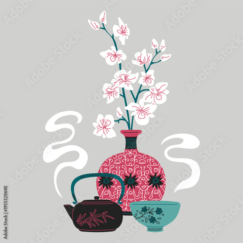 Traditional Asian vase with Sakura branch, teapot and bowl, vector vintage oriental porcelain pottery floral ornament