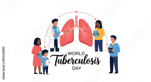 Illustration of diverse people standing around a tuberculosis awareness logo with lungs and a red germ pathway on World Tuberculosis Day.