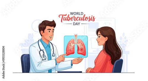 A doctor in a white coat discusses lung health with a patient on World Tuberculosis Day in a clinical setting with a stethoscope and X-ray.