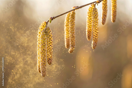 Birch Catkins Releasing Pollen in Spring.