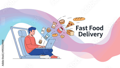 Fast food delivery online service concept with a man ordering food on a laptop featuring flying bread and snacks in the air.