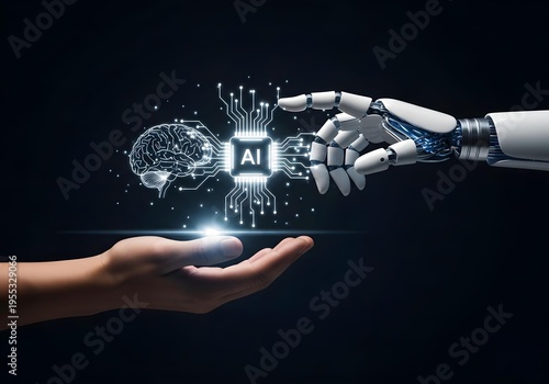 Human hand and robotic hand touching a digital ai brain and processor chip icon representing artificial intelligence and humanmachine collaboration