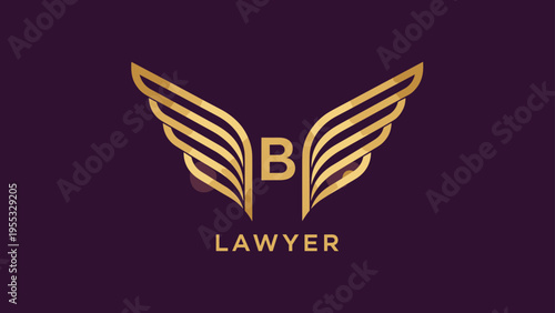 Golden lawyer wings logo with the letter B in the center for legal firm professional identity on a dark purple background.