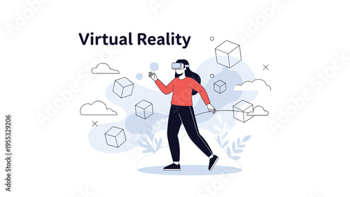 Virtual reality technology concept with a woman wearing vr glasses interacting with floating digital cube elements in space.