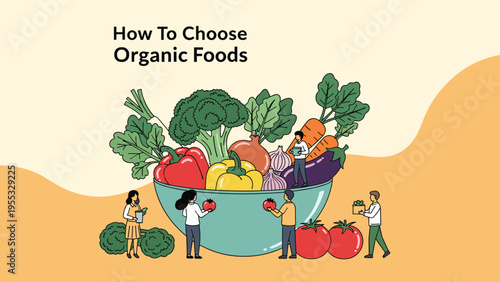 Healthy organic food choice concept with tiny people collecting fresh vegetables like tomatoes and broccoli in a large bowl.