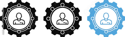 Three gear shaped icons with user profile symbols