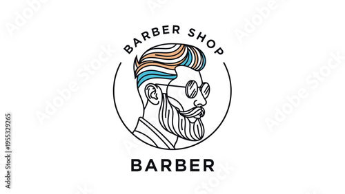Barbershop professional emblem with a line art illustration of a man with a stylish beard and trendy modern hairstyle.