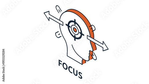 Business focus and concentration concept with an isometric human head featuring a target symbol and aiming target arrows.
