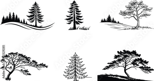 Collection of six different tree silhouettes in various landscapes and styles