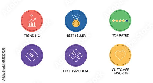 E-commerce marketing badge set, 6 colorful retail icons for web shops, trending best seller and top rated labels, exclusive deal and customer favorite stickers