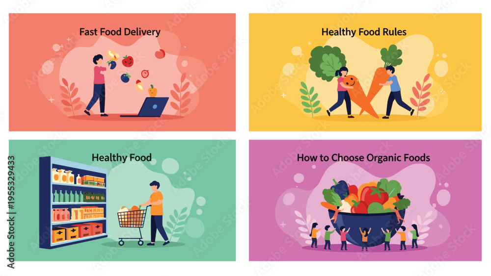 Fototapeta premium Healthy food and fast delivery banner collection featuring grocery shopping and organic vegetable choice concepts for kids.