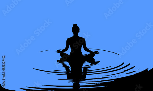  Silhouette of a woman meditating in lotus yoga pose with water ripple reflection on blue background, representing mindfulness, wellness, zen, balance, and spiritual harmony concept