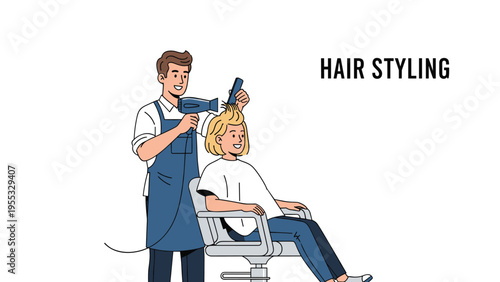 Professional male hairdresser styling a female customer hair using a blow dryer and comb in a modern beauty salon setup.