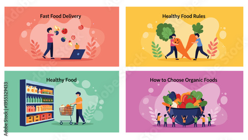 Healthy food and fast delivery banner collection featuring grocery shopping and organic vegetable choice concepts for kids.