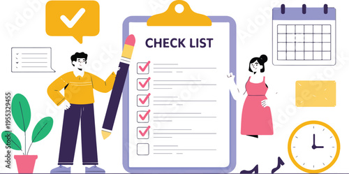 Professional business people completing a checklist for project management and time organization with calendar and clock flat vector illustration.