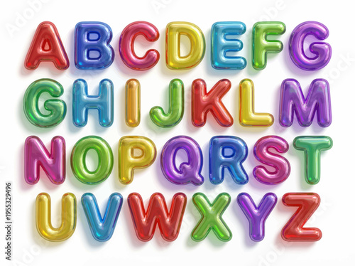 Vibrant, glossy 3D alphabet letters, A to Z, meticulously arranged on a clean white background, for playful learning and educational concepts