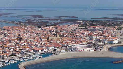 Aerial view of Les Saintes-Maries-de-la-Mer in the Bouches-du-Rhône department, Provence, France