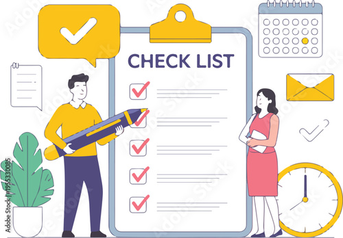 Professional business people completing a checklist for project management and time organization with calendar and clock flat vector illustration.