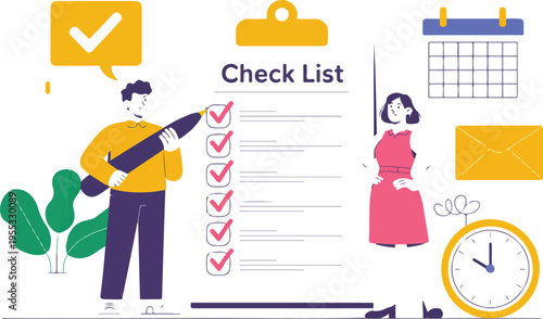 Professional business people completing a checklist for project management and time organization with calendar and clock flat vector illustration.