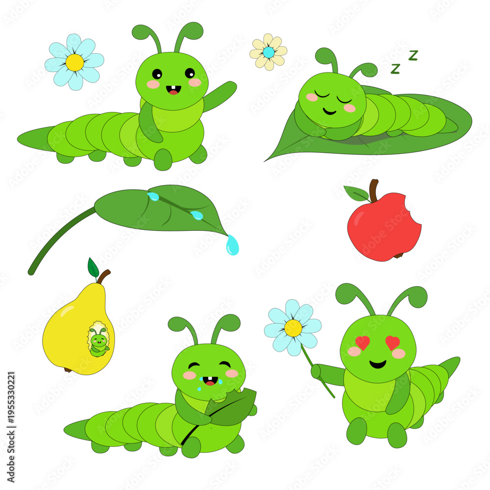 Obraz premium Cute cartoon caterpillar set with different emotions, flowers, fruits and leaves. Kawaii style vector illustration for kids design, nursery, stickers, patterns and greeting cards.