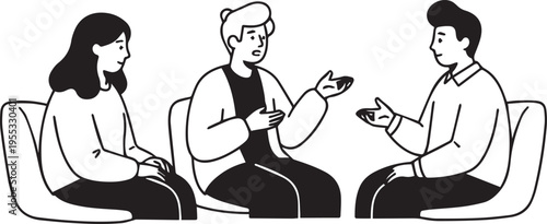 A group of three people sitting in chairs and having a professional discussion in a clean black and white line art style isolated on transparent background