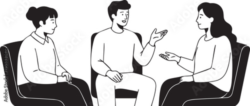 A group of three diverse individuals sitting in chairs and having a friendly conversation together in a simple line art style isolated on transparent background