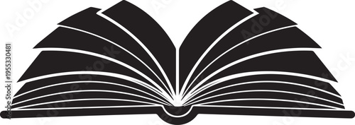 A minimalist black and white graphic illustration of an open book symbol representing knowledge education and reading culture isolated on transparent background
