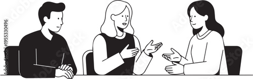 A group of three young people sitting on stools and having a friendly conversation or a collaborative study session together isolated on transparent background