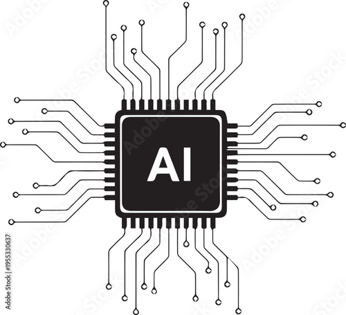 A minimalist black and white graphic illustration of an artificial intelligence computer processor chip with circuit lines isolated on transparent background