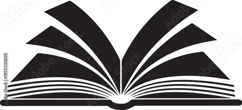 A minimalist black and white graphic illustration featuring an open book with pages fanned out to represent knowledge and study isolated on transparent background