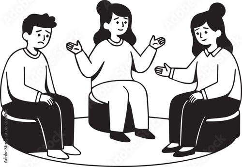 A black and white illustration of three people sitting together in a circle having a supportive group therapy session conversation isolated on transparent background