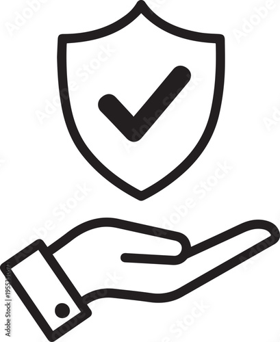 A minimalist black and white line art icon showing a protective shield with a check mark held above an open human hand palm isolated on transparent background