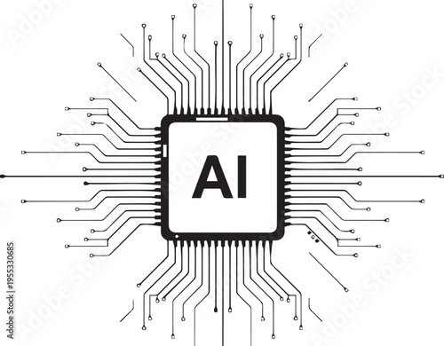 Black and white illustration of a central computer processor unit chip with radiating circuit board lines representing artificial intelligence isolated on transparent background