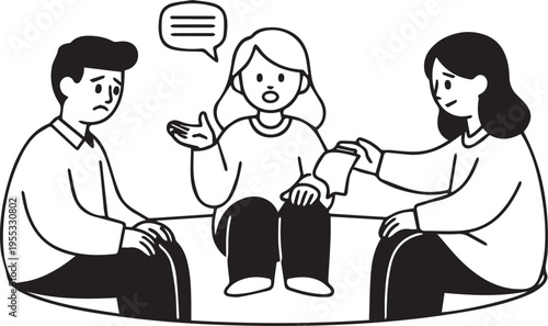 A group of people sitting in a circle having a serious conversation about their feelings and emotions in a counseling session isolated on transparent background